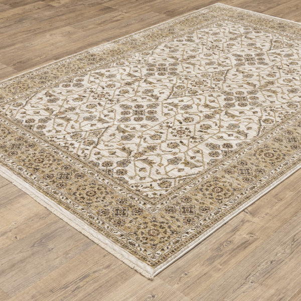 HomeRoots 2' Elegant Ivory and Gold Oriental Runner Rug – Stain-Resistant, Soft Cut Pile for High Traffic Areas 7' X 10' 509384