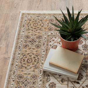 HomeRoots 2' Elegant Ivory and Gold Oriental Runner Rug – Stain-Resistant, Soft Cut Pile for High Traffic Areas 7' X 10' 509384