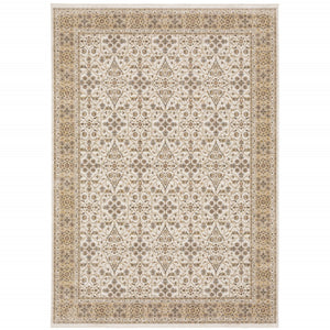 HomeRoots 2' Elegant Ivory and Gold Oriental Runner Rug – Stain-Resistant, Soft Cut Pile for High Traffic Areas 8' X 11' 509385