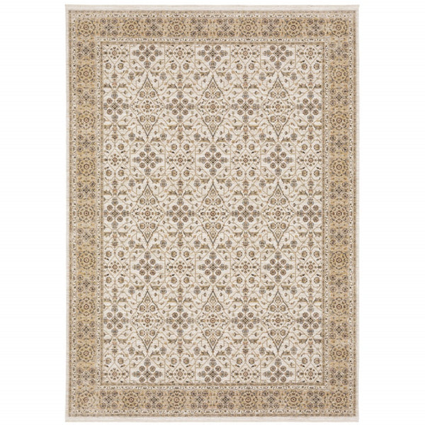 HomeRoots 2' Elegant Ivory and Gold Oriental Runner Rug – Stain-Resistant, Soft Cut Pile for High Traffic Areas 8' X 11' 509385