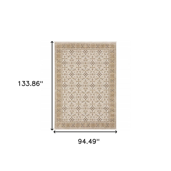 HomeRoots 2' Elegant Ivory and Gold Oriental Runner Rug – Stain-Resistant, Soft Cut Pile for High Traffic Areas 8' X 11' 509385