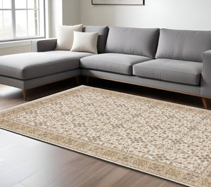 HomeRoots 2' Elegant Ivory and Gold Oriental Runner Rug – Stain-Resistant, Soft Cut Pile for High Traffic Areas 8' X 11' 509385
