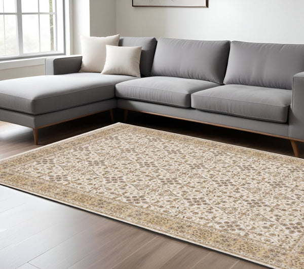 HomeRoots 2' Elegant Ivory and Gold Oriental Runner Rug – Stain-Resistant, Soft Cut Pile for High Traffic Areas 8' X 11' 509385