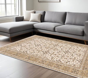 HomeRoots 2' Elegant Ivory and Gold Oriental Runner Rug – Stain-Resistant, Soft Cut Pile for High Traffic Areas 10' X 13' 509386
