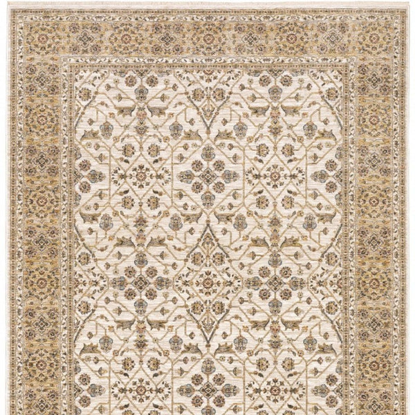 HomeRoots 2' Elegant Ivory and Gold Oriental Runner Rug – Stain-Resistant, Soft Cut Pile for High Traffic Areas 10' X 13' 509386