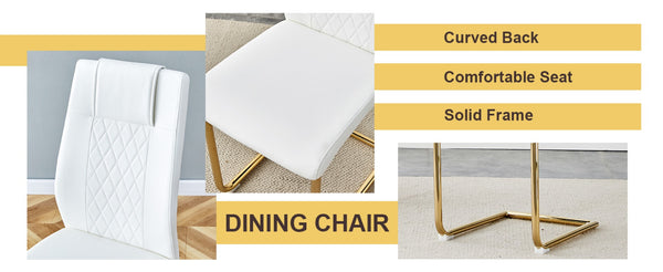 English Elm Table Set - Modern Minimalist Round Clear Glass Table With White High-Back Chairs & Gold Legs W1151S01718-GIGA