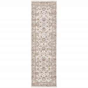 Homeroots 2' X 8' Ivory And Grey Oriental Power Loom Stain Resistant Runner Rug With Fringe Ivory,Grey Polyester 509394