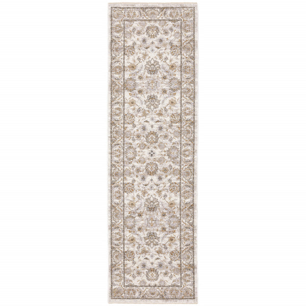 Homeroots 2' X 8' Ivory And Grey Oriental Power Loom Stain Resistant Runner Rug With Fringe Ivory,Grey Polyester 509394