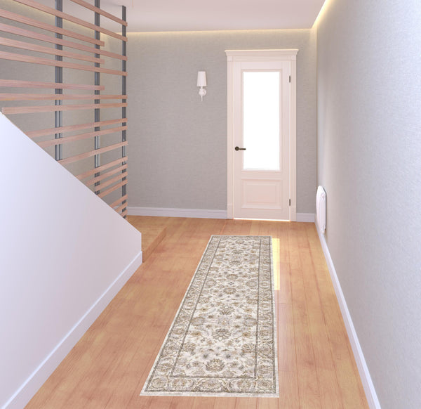 Homeroots 2' X 8' Ivory And Grey Oriental Power Loom Stain Resistant Runner Rug With Fringe Ivory,Grey Polyester 509394