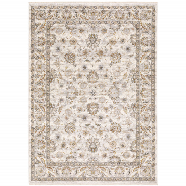 Homeroots 5' X 8' Ivory And Grey Oriental Power Loom Stain Resistant Area Rug With Fringe Ivory,Grey Polyester 509397