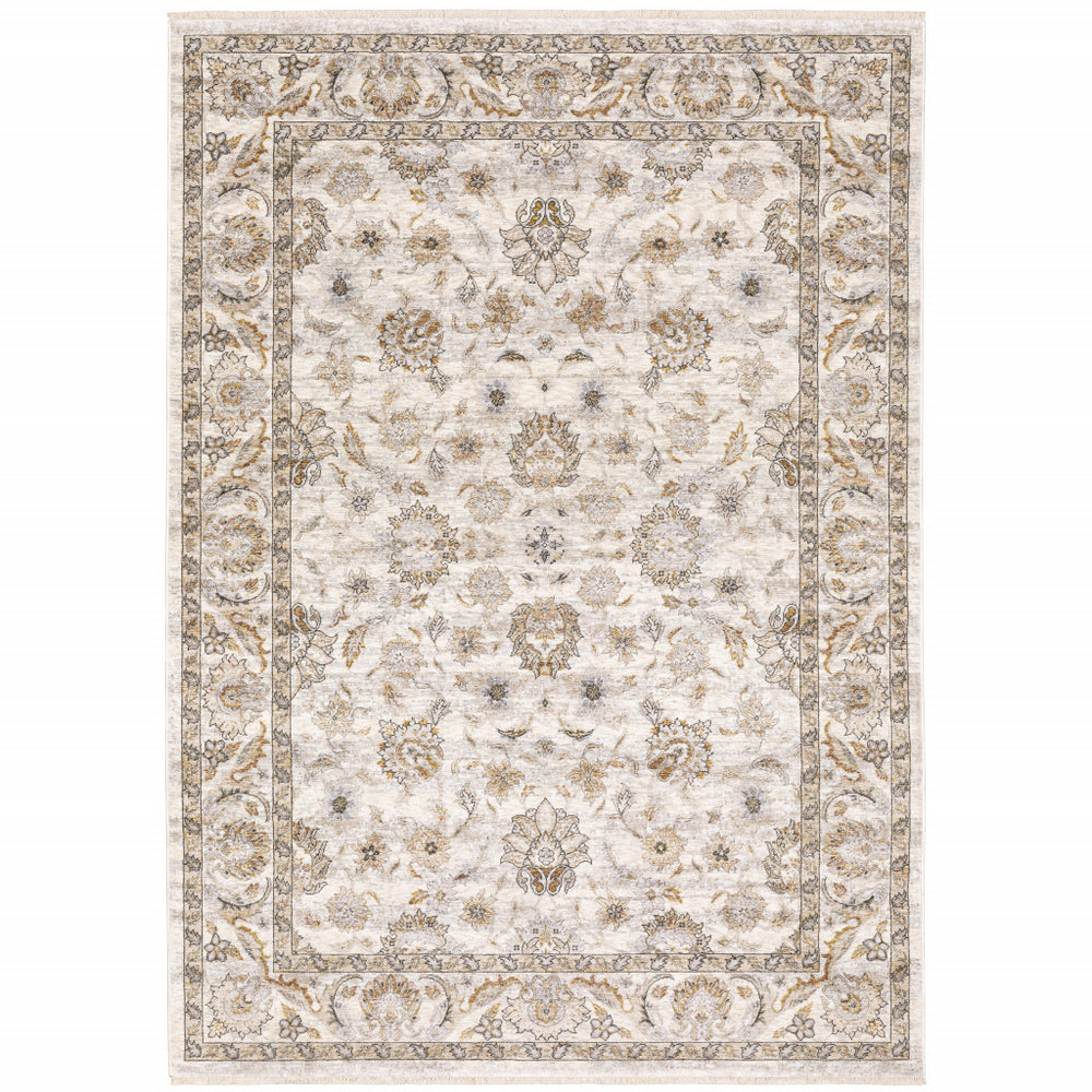 Homeroots 10' X 13' Ivory And Grey Oriental Power Loom Stain Resistant Area Rug With Fringe Ivory,Grey Polyester 509400