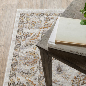 Homeroots 10' X 13' Ivory And Grey Oriental Power Loom Stain Resistant Area Rug With Fringe Ivory,Grey Polyester 509400