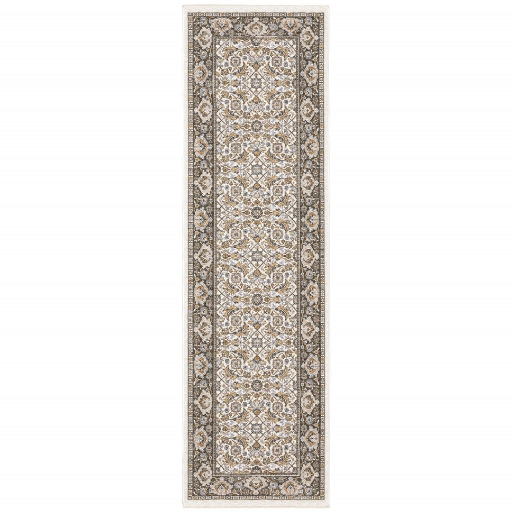 HomeRoots 2' Ivory and Grey Oriental Runner Rug - Stain-Resistant, Power-Loomed Elegance for High-Traffic Areas 2'3" x 7'6" 509401