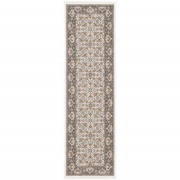 Homeroots 2' X 8' Ivory And Grey Oriental Power Loom Stain Resistant Runner Rug With Fringe  Polyester 509401