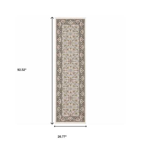 Homeroots 2' X 8' Ivory And Grey Oriental Power Loom Stain Resistant Runner Rug With Fringe  Polyester 509401