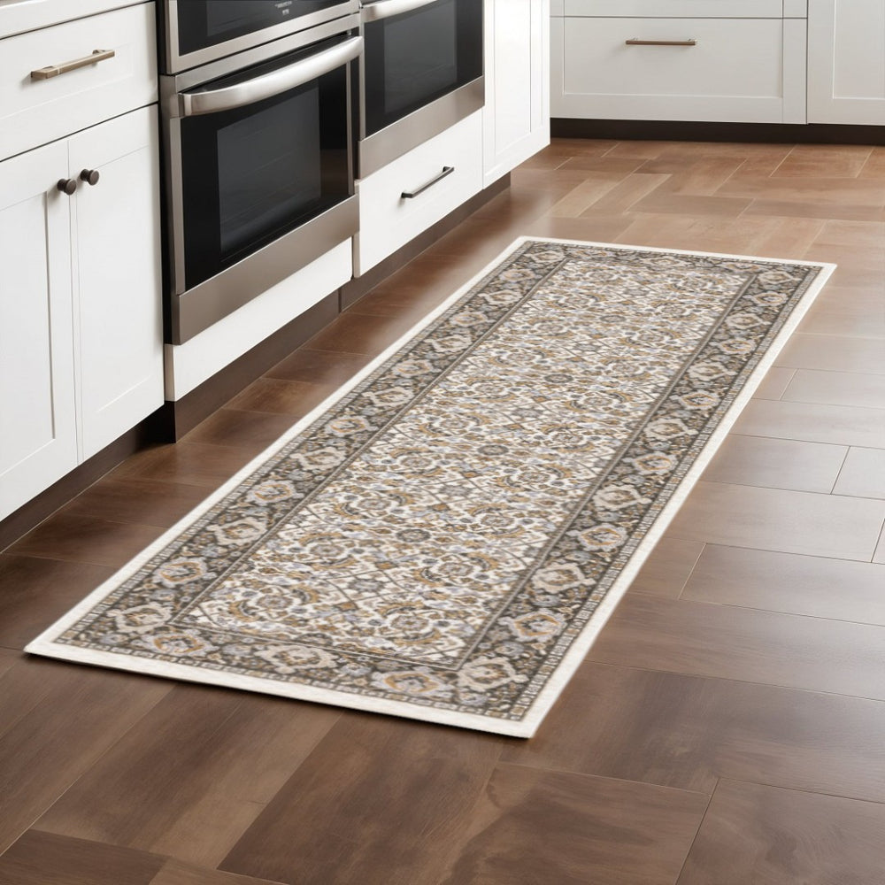 HomeRoots 2' Ivory and Grey Oriental Runner Rug - Stain-Resistant, Power-Loomed Elegance for High-Traffic Areas 2'3" x 7'6" 509401