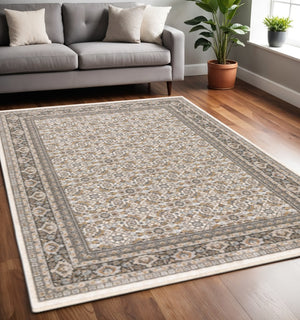 HomeRoots 2' Ivory and Grey Oriental Runner Rug - Stain-Resistant, Power-Loomed Elegance for High-Traffic Areas 5' X 8' 509404