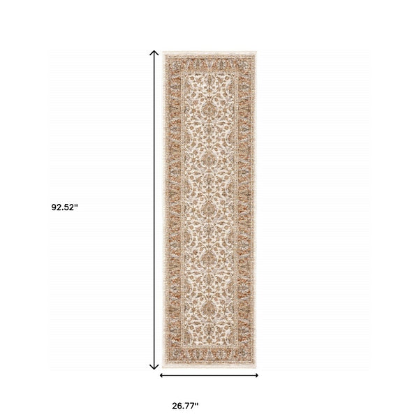 Homeroots 2' X 8' Rust And Ivory Oriental Power Loom Stain Resistant Runner Rug With Fringe Rust,Ivory Polyester 509407