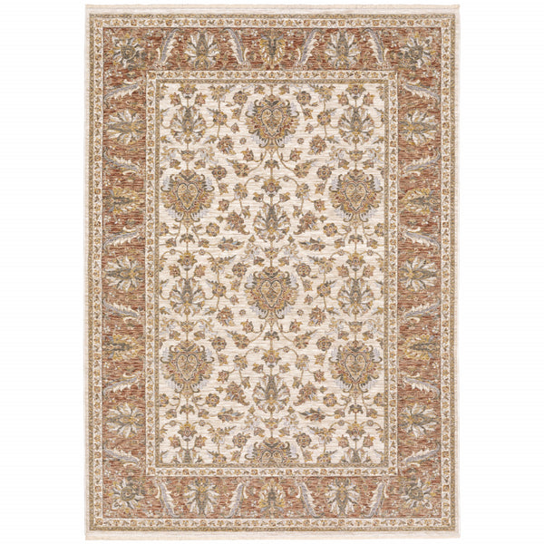 Homeroots 10' X 13' Rust And Ivory Oriental Power Loom Stain Resistant Area Rug With Fringe Rust,Ivory Polyester 509413