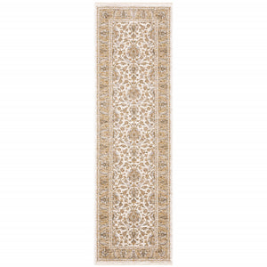 Homeroots 2' X 8' Ivory And Gold Oriental Power Loom Stain Resistant Runner Rug With Fringe Ivory,Gold Polyester 509414