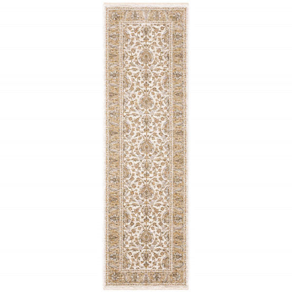 Homeroots 2' X 8' Ivory And Gold Oriental Power Loom Stain Resistant Runner Rug With Fringe Ivory,Gold Polyester 509414