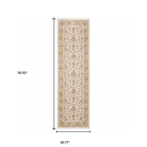 Homeroots 2' X 8' Ivory And Gold Oriental Power Loom Stain Resistant Runner Rug With Fringe Ivory,Gold Polyester 509414