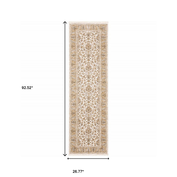 Homeroots 2' X 8' Ivory And Gold Oriental Power Loom Stain Resistant Runner Rug With Fringe Ivory,Gold Polyester 509414