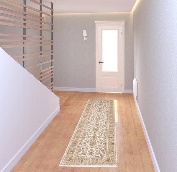 Homeroots 2' X 8' Ivory And Gold Oriental Power Loom Stain Resistant Runner Rug With Fringe Ivory,Gold Polyester 509414