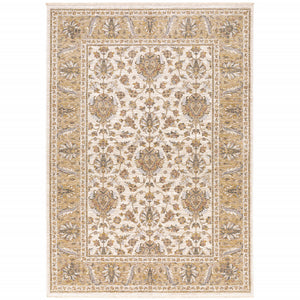 Homeroots 3' X 5' Ivory And Gold Oriental Power Loom Stain Resistant Area Rug With Fringe Ivory,Gold Polyester 509416