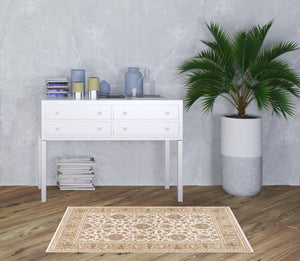 Homeroots 3' X 5' Ivory And Gold Oriental Power Loom Stain Resistant Area Rug With Fringe Ivory,Gold Polyester 509416