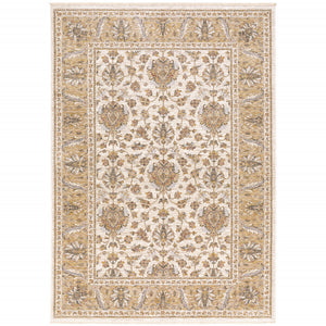 Homeroots 3' X 5' Ivory And Gold Oriental Power Loom Stain Resistant Area Rug With Fringe Ivory,Gold Polyester 509416