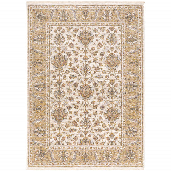 Homeroots 3' X 5' Ivory And Gold Oriental Power Loom Stain Resistant Area Rug With Fringe Ivory,Gold Polyester 509416