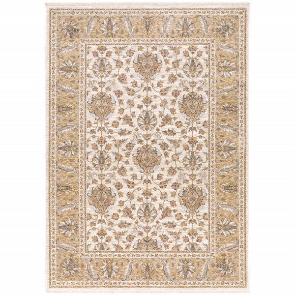 Homeroots 7' X 10' Gold And Ivory Oriental Power Loom Area Rug With Fringe Ivory,Gold Polyester 509418