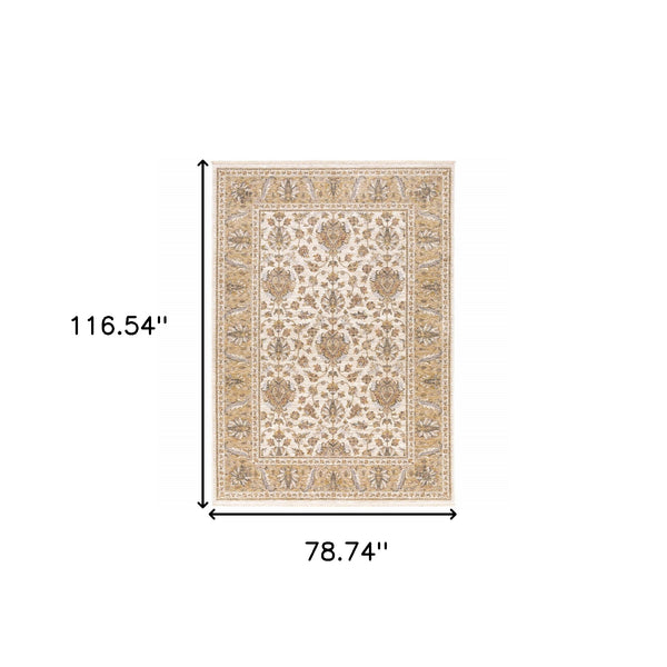 Homeroots 7' X 10' Gold And Ivory Oriental Power Loom Area Rug With Fringe Ivory,Gold Polyester 509418