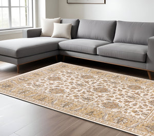 Homeroots 7' X 10' Gold And Ivory Oriental Power Loom Area Rug With Fringe Ivory,Gold Polyester 509418