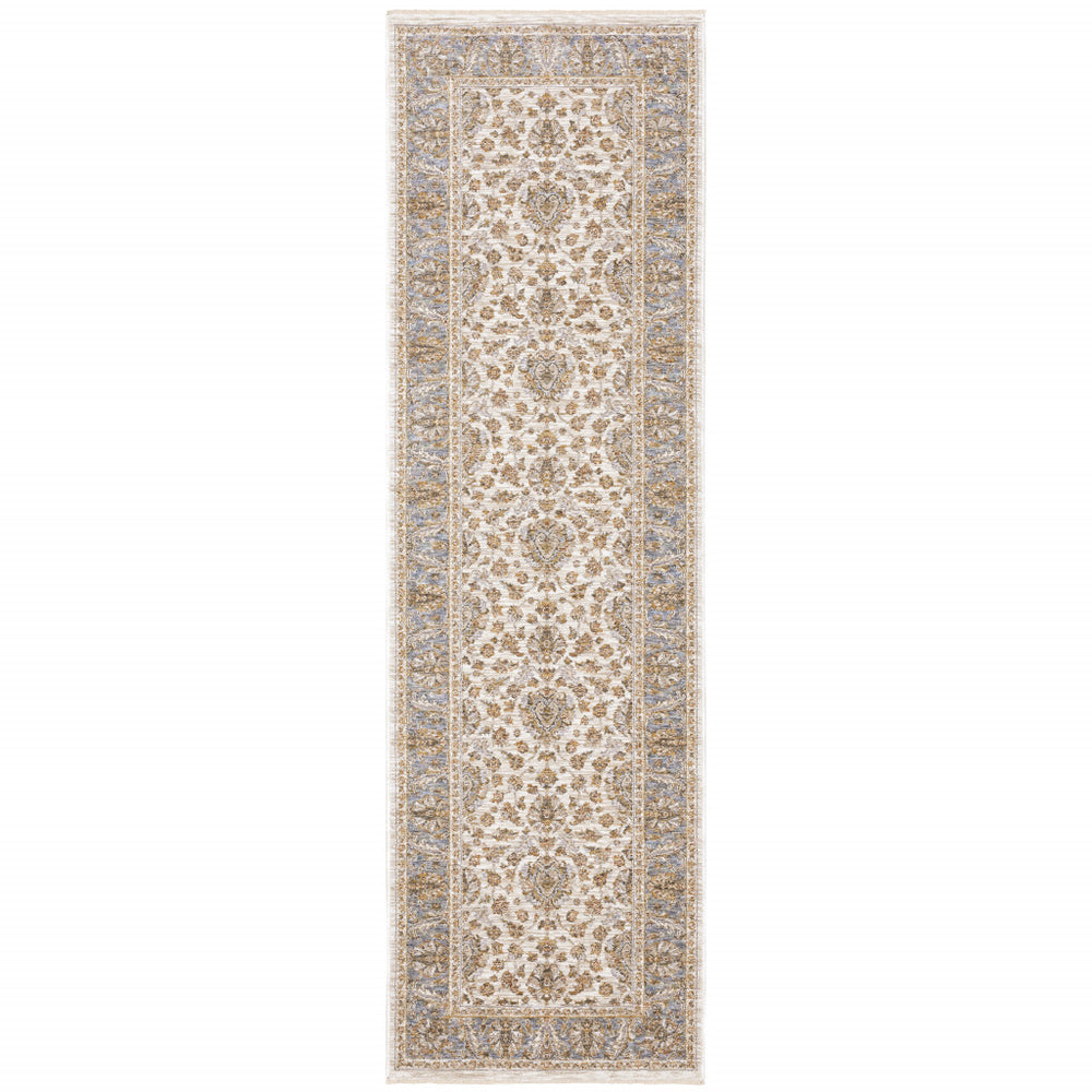 Homeroots 2' X 8' Ivory And Blue Oriental Power Loom Stain Resistant Runner Rug With Fringe Ivory,Blue Polyester 509421
