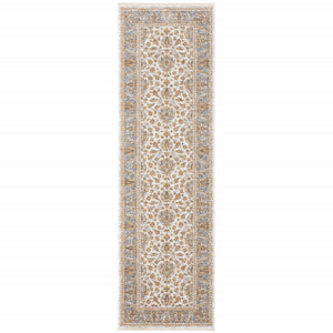 Homeroots 2' X 8' Ivory And Blue Oriental Power Loom Stain Resistant Runner Rug With Fringe Ivory,Blue Polyester 509421