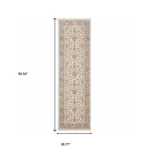 Homeroots 2' X 8' Ivory And Blue Oriental Power Loom Stain Resistant Runner Rug With Fringe Ivory,Blue Polyester 509421