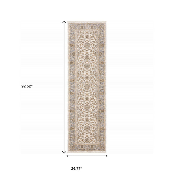 Homeroots 2' X 8' Ivory And Blue Oriental Power Loom Stain Resistant Runner Rug With Fringe Ivory,Blue Polyester 509421