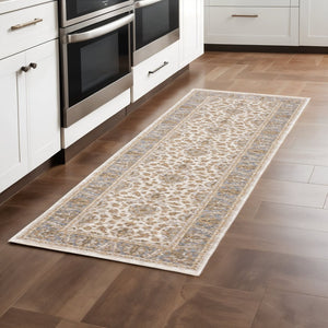 HomeRoots 2' X 8' Elegant Rust and Ivory Oriental Runner Rug – Stain Resistant, Durable, and Timeless Design Ivory/ Blue 2'3" x 7'6" 509421