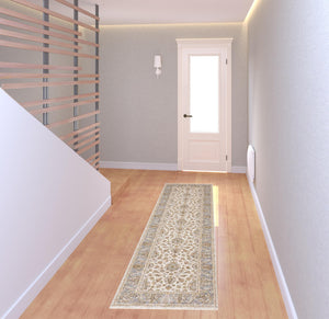 Homeroots 2' X 8' Ivory And Blue Oriental Power Loom Stain Resistant Runner Rug With Fringe Ivory,Blue Polyester 509421