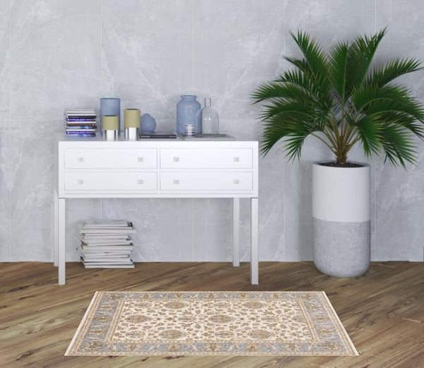 Homeroots 3' X 5' Ivory And Blue Oriental Power Loom Stain Resistant Area Rug With Fringe Ivory,Blue Polyester 509423