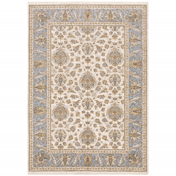 Homeroots 6' X 9' Ivory And Blue Oriental Power Loom Stain Resistant Area Rug With Fringe Ivory,Blue Polyester 509425