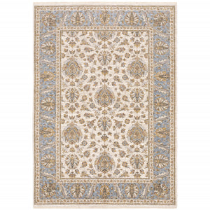 Homeroots 8' X 11' Ivory And Blue Oriental Power Loom Stain Resistant Area Rug With Fringe Ivory,Blue Polyester 509426
