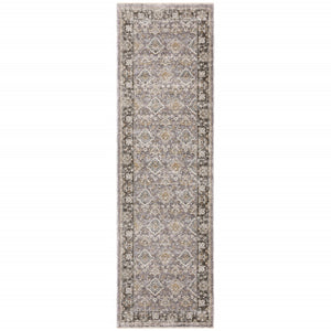 HomeRoots 2' Elegant Grey and Blue Oriental Runner Rug - Stain-Resistant, Power-Loomed, Tassel Fringe Design 2'3" x 7'6" 509428
