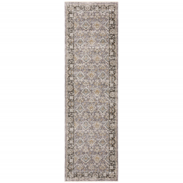 HomeRoots 2' Elegant Grey and Blue Oriental Runner Rug - Stain-Resistant, Power-Loomed, Tassel Fringe Design 2'3" x 7'6" 509428