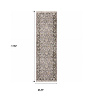 HomeRoots 2' Elegant Grey and Blue Oriental Runner Rug - Stain-Resistant, Power-Loomed, Tassel Fringe Design 2'3" x 7'6" 509428