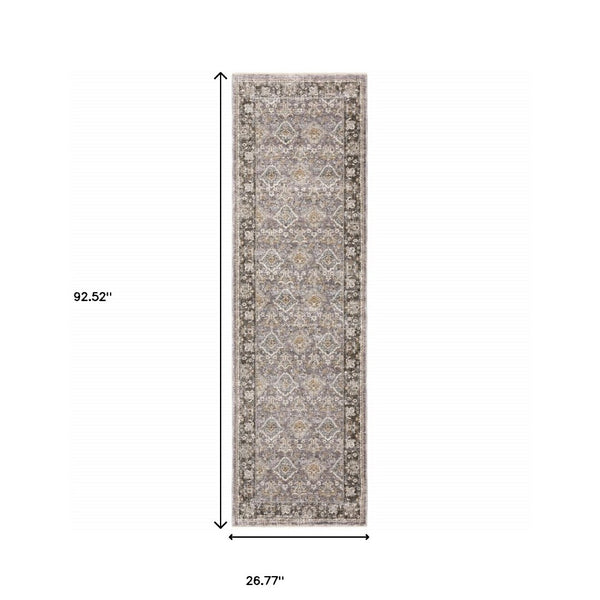 HomeRoots 2' Elegant Grey and Blue Oriental Runner Rug - Stain-Resistant, Power-Loomed, Tassel Fringe Design 2'3" x 7'6" 509428