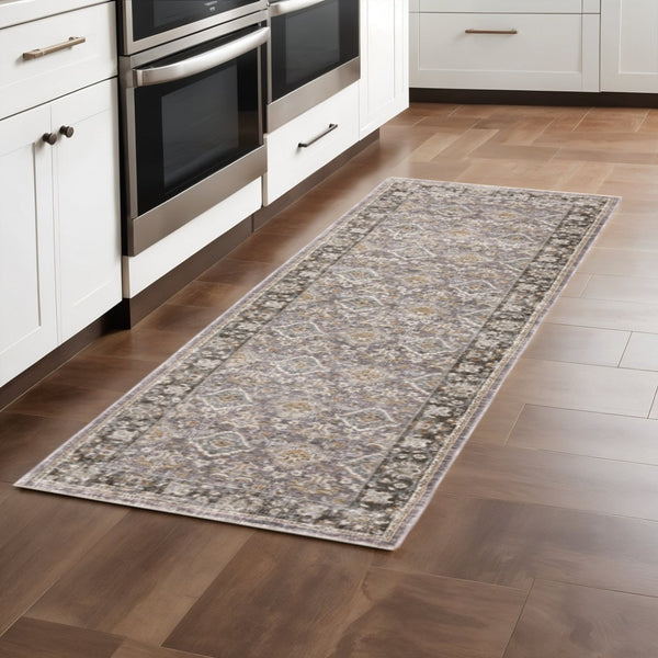 HomeRoots 2' Elegant Grey and Blue Oriental Runner Rug - Stain-Resistant, Power-Loomed, Tassel Fringe Design 2'3" x 7'6" 509428