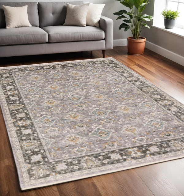 HomeRoots 2' Elegant Grey and Blue Oriental Runner Rug - Stain-Resistant, Power-Loomed, Tassel Fringe Design 5' X 8' 509431